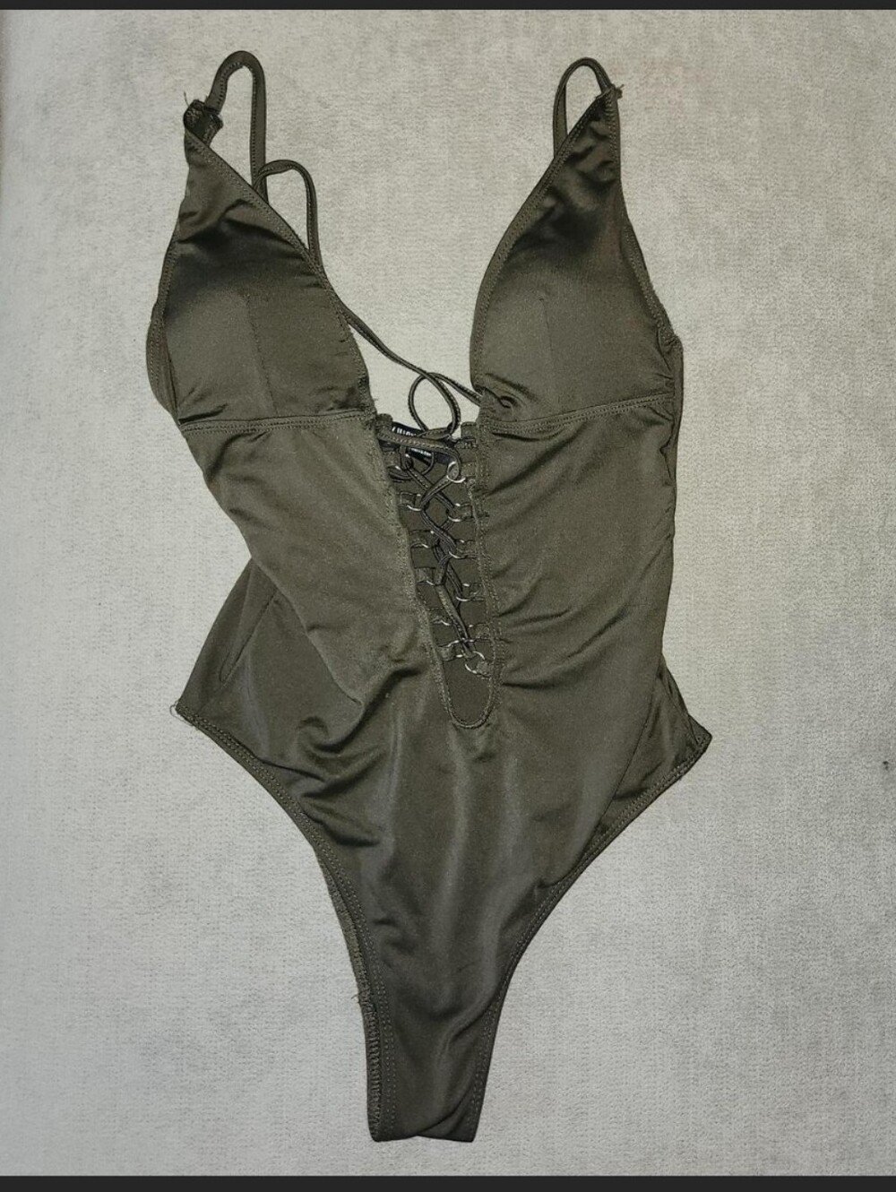 Sexy One-Piece Swimsuit in Dark Olive Green with Lace-Up Front